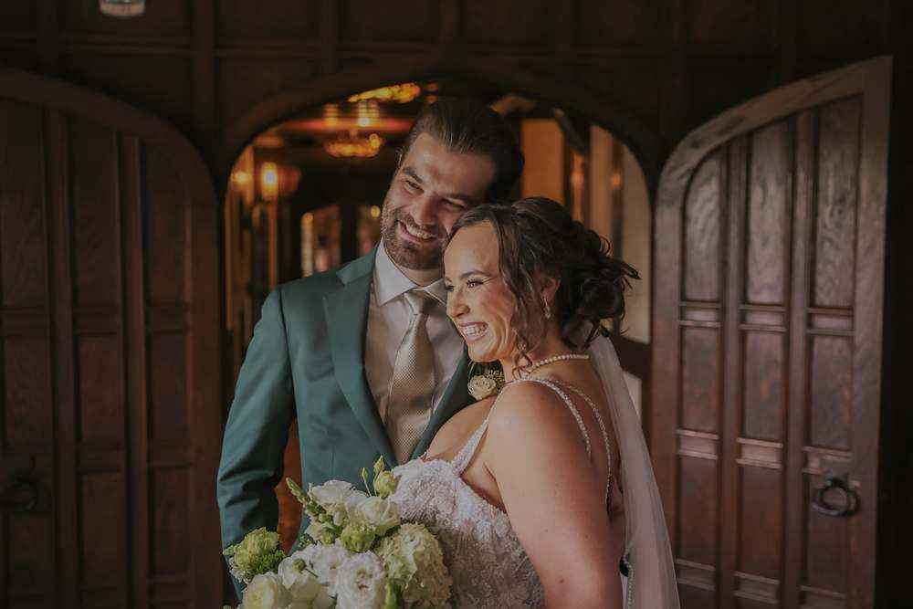 Framed in the archway of the old house
